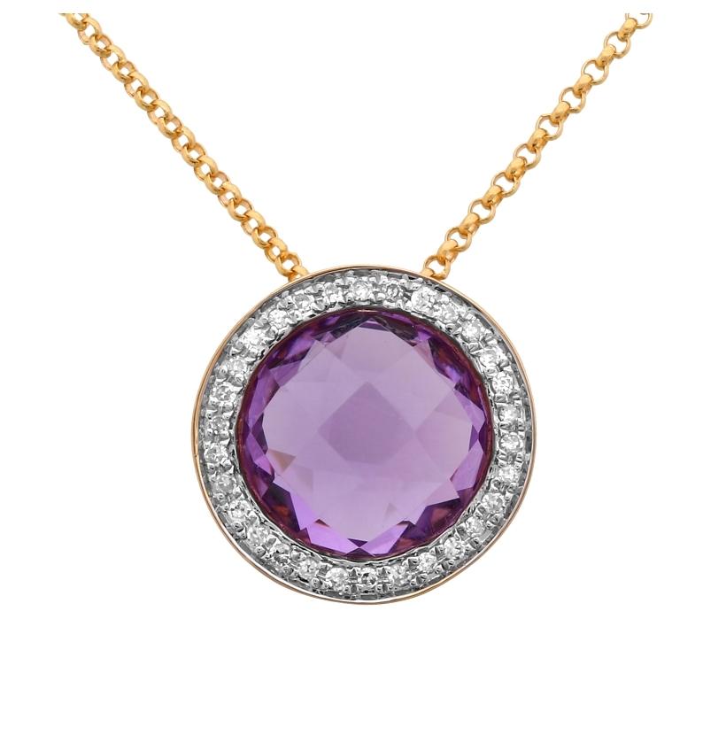 0.1 Ctw Diamond 14k Yellow Gold Amethyst Round Shape Womens Gemstone Necklace Pendant With 16 Inch Chain