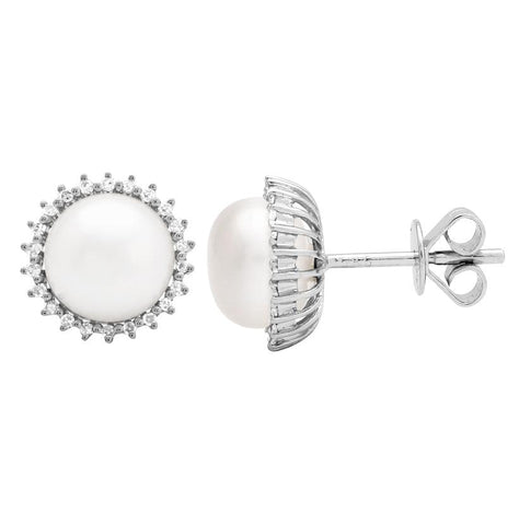 0.12 Ctw Diamond 14k White Gold Pearl Earrings