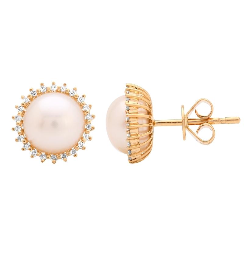 0.12 Ctw Diamond 14k Yellow Gold Pearl Earrings