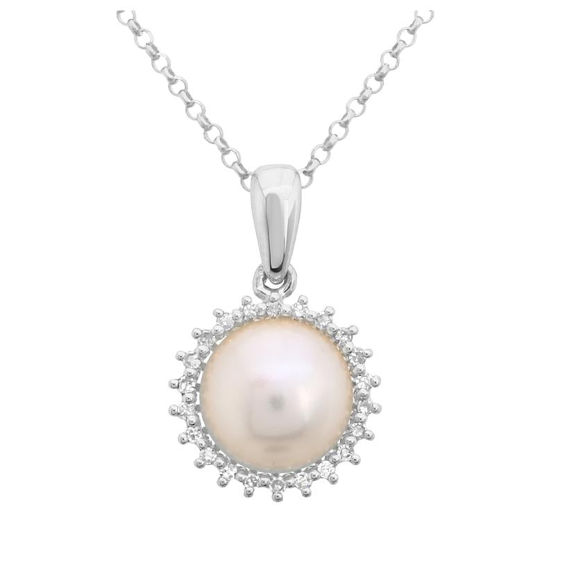 0.06 Ctw Diamond 14k White Gold Pearl Necklace Pendant With 16 Inch Chain