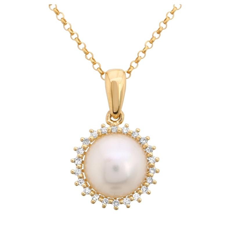 0.06 Ctw Diamond 14k Yellow Gold Pearl Necklace Pendant With 16 Inch Chain