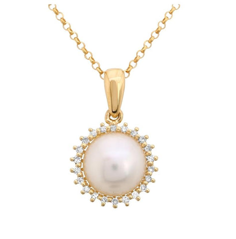 0.06 Ctw Diamond 14k Yellow Gold Pearl Necklace Pendant With 16 Inch Chain