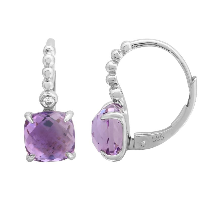 0.03 Ctw Diamond 14k White Gold Amethyst Round Shape Womens Gemstone Earrings