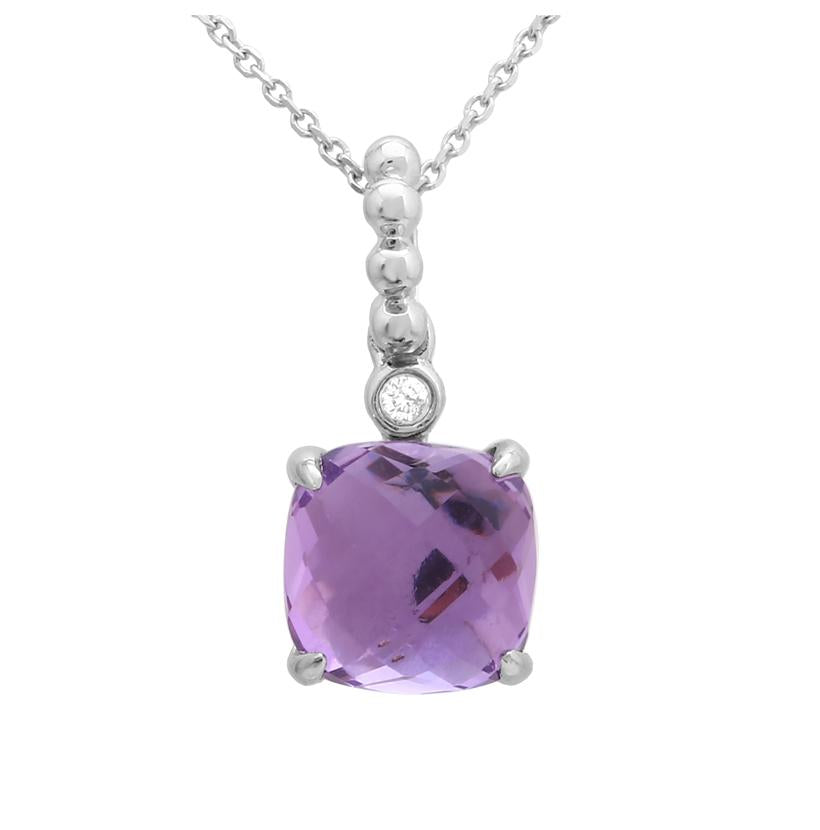 0.02 Ctw Diamond 14k White Gold Amethyst Round Shape Womens Gemstone Necklace Pendant With 16 Inch Chain