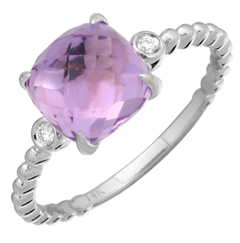 0.04 Ctw Diamond 14k White Gold Amethyst Round Shape Womens Gemstone Ring