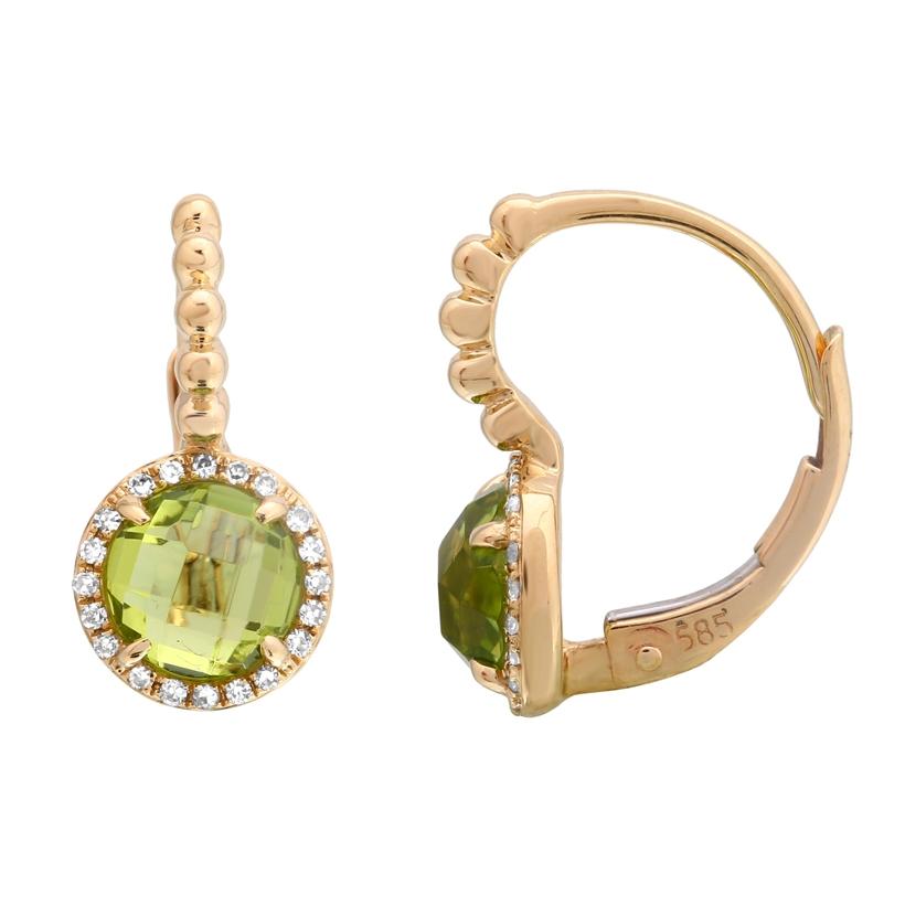 0.12 Ctw Diamond 14k Yellow Gold Peridot Round Shape Womens Gemstone Earrings