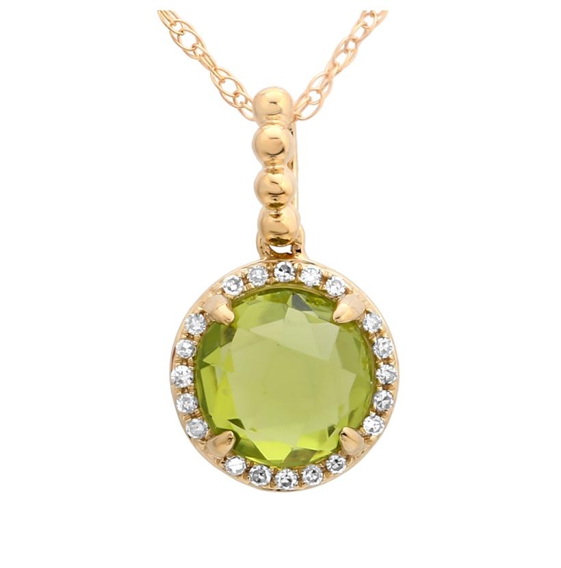 0.06 Ctw Diamond 14k Yellow Gold Peridot Round Shape Womens Gemstone Necklace Pendant With 16 Inch Chain