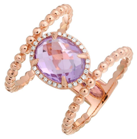 0.09 Ctw Diamond 14k Rose Gold Amethyst Round Shape Womens Gemstone Ring