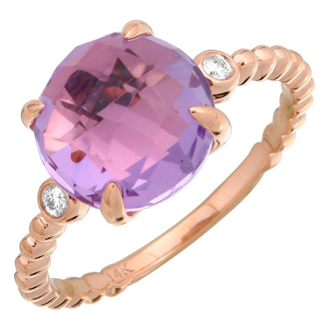 0.05 Ctw Diamond 14k Rose Gold Amethyst Round Shape Womens Gemstone Ring