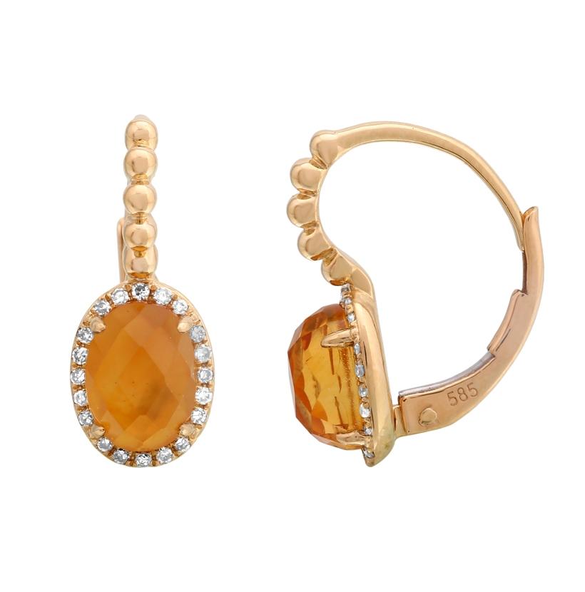 0.12 Ctw Diamond 14k Yellow Gold Citrine Round Shape Womens Gemstone Earrings