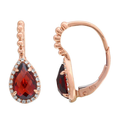 0.12 Ctw Diamond 14k Rose Gold Garnet Round Shape Womens Gemstone Earrings