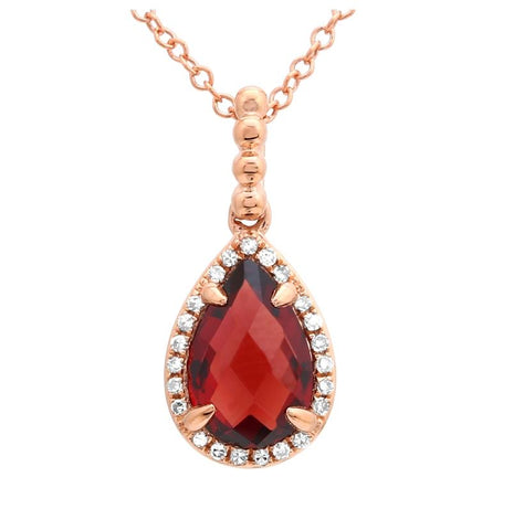 0.07 Ctw Diamond 14k Rose Gold Garnet Round Shape Womens Gemstone Necklace Pendant With 16 Inch Chain