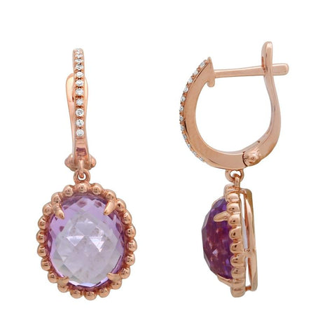 0.07 Ctw Diamond 14k Rose Gold Amethyst Round Shape Womens Gemstone Earrings