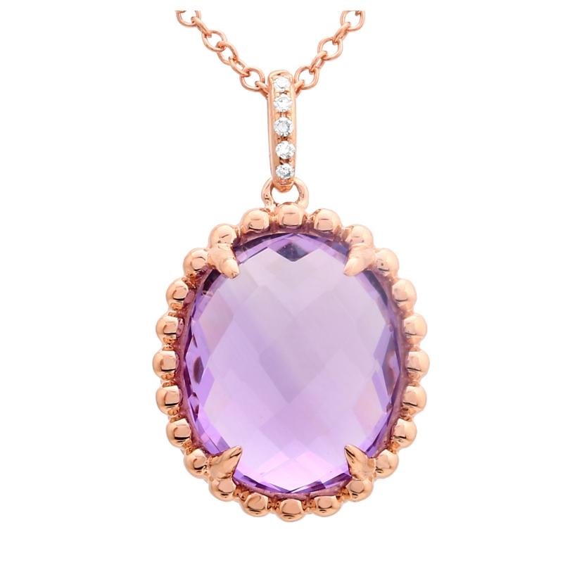 0.02 Ctw Diamond 14k Rose Gold Amethyst Round Shape Womens Gemstone Necklace Pendant With 16 Inch Chain