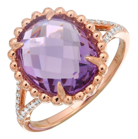 0.11 Ctw Diamond 14k Rose Gold Amethyst Round Shape Womens Gemstone Ring