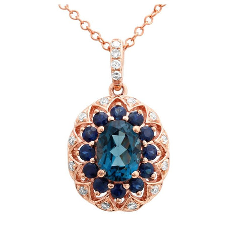 0.1 Ctw Diamond 14k Rose Gold Topaz Sapphire Round Shape Womens Gemstone Necklace Pendant With 16 Inch Chain