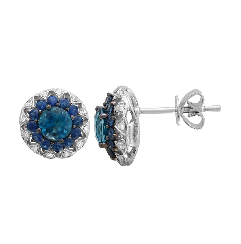 0.12 Ctw Diamond 14k White Gold Topaz Sapphire Round Shape Womens Gemstone Earrings