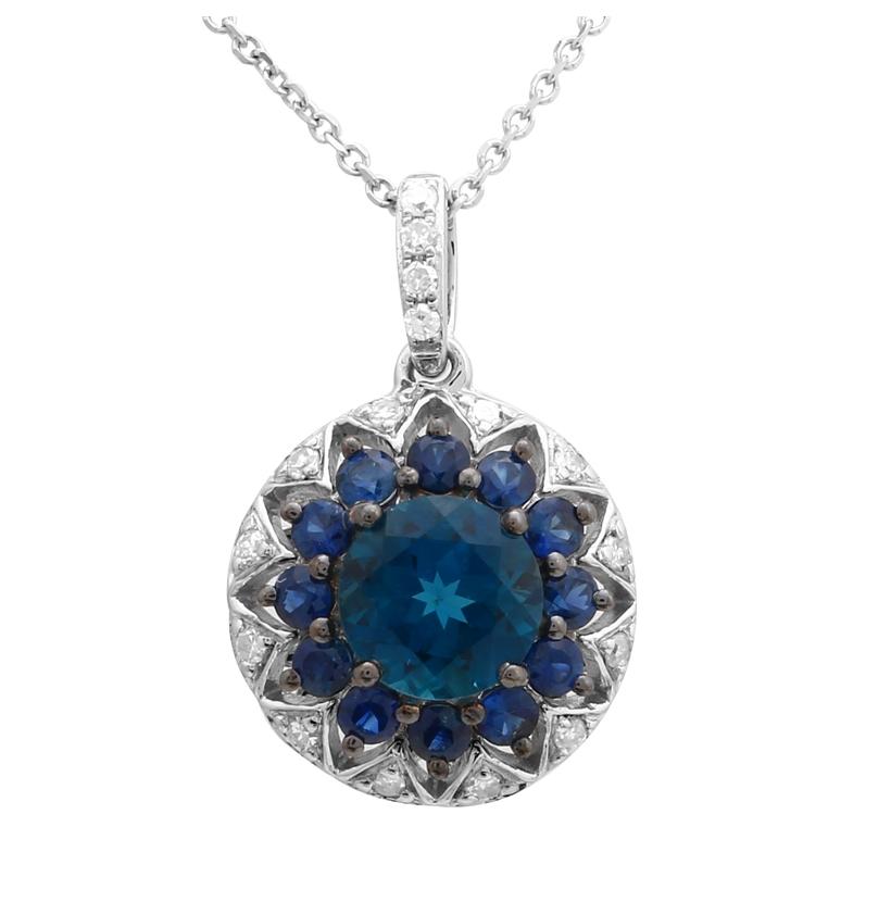 0.1 Ctw Diamond 14k White Gold Topaz Sapphire Round Shape Womens Gemstone Necklace Pendant With 16 Inch Chain