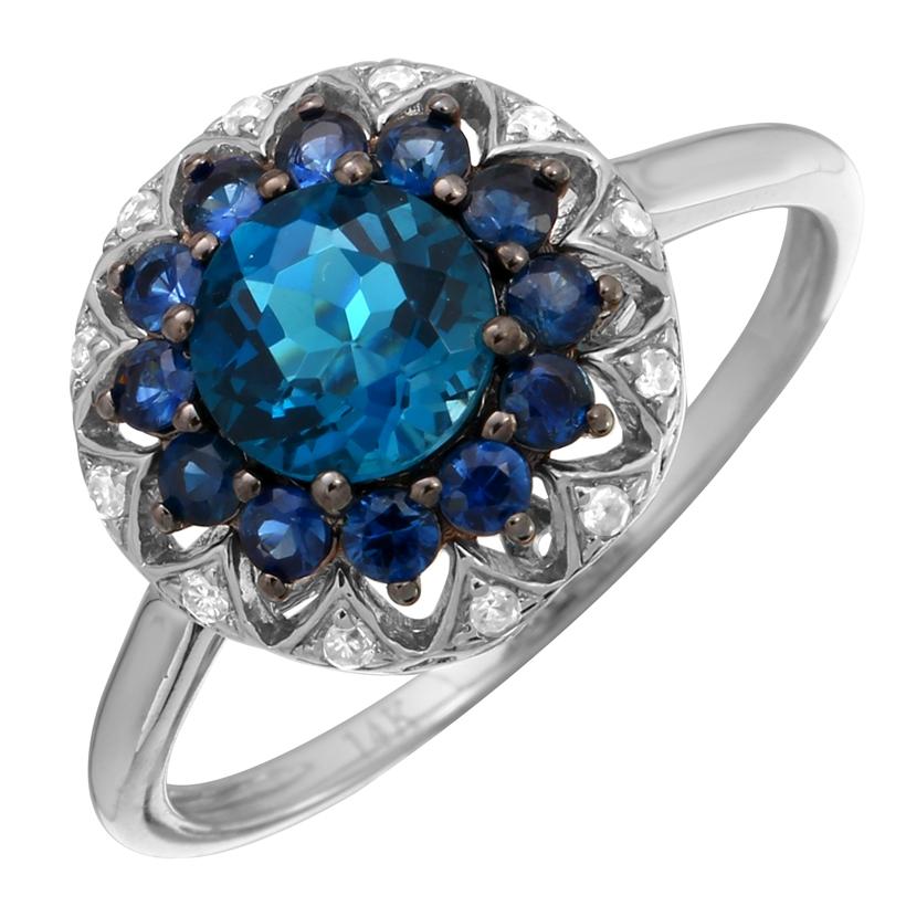 0.08 Ctw Diamond 14k White Gold Topaz Sapphire Round Shape Womens Gemstone Ring