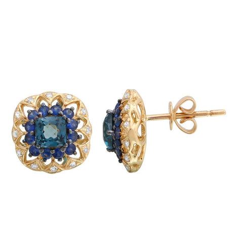 0.12 Ctw Diamond 14k Yellow Gold Topaz Sapphire Round Shape Womens Gemstone Earrings