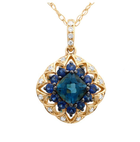 0.1 Ctw Diamond 14k Yellow Gold Topaz Sapphire Round Shape Womens Gemstone Necklace Pendant With 16 Inch Chain