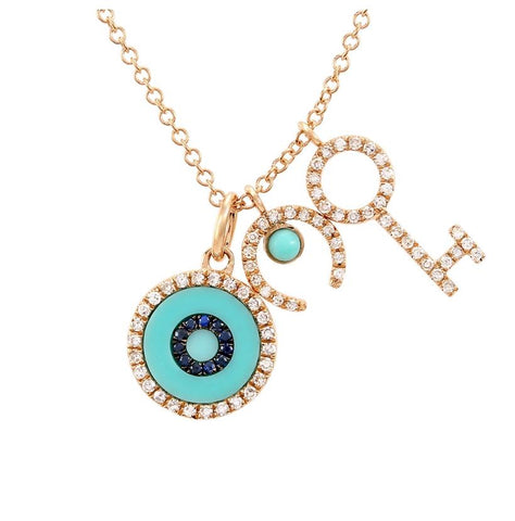 0.19 Ctw Diamond 14k Rose Gold Turquoise Sapphire Round Shape Womens Gemstone Necklace Pendant With 16 Inch Chain