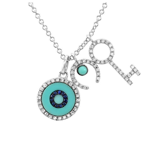 0.19 Ctw Diamond 14k White Gold Turquoise Sapphire Round Shape Womens Gemstone Necklace