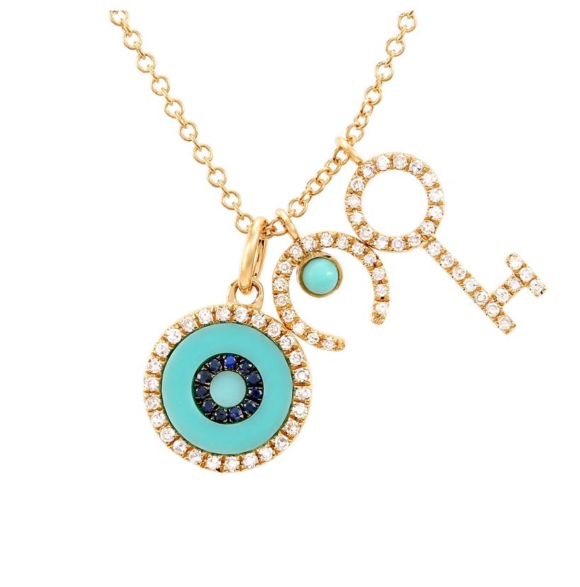 0.18 Ctw Diamond 14k Yellow Gold Turquoise Sapphire Round Shape Womens Gemstone Necklace Pendant With 16 Inch Chain