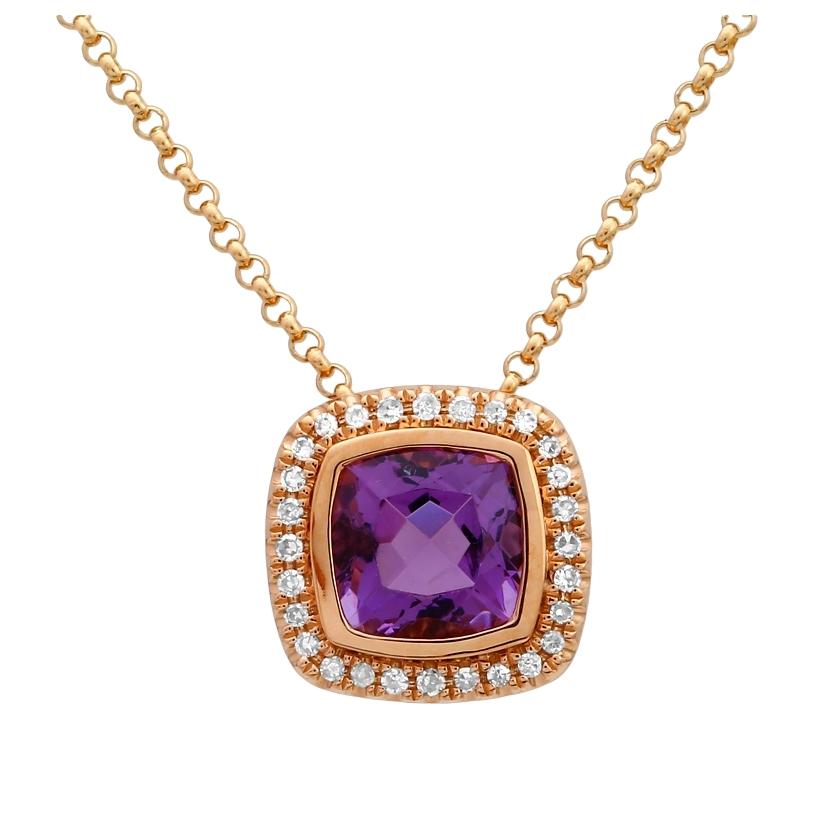 0.07 Ctw Diamond 14k Rose Gold Amethyst Round Shape Womens Gemstone Necklace Pendant With 16 Inch Chain