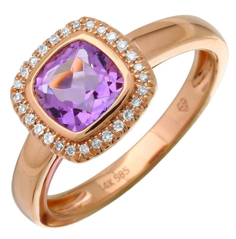 0.07 Ctw Diamond 14k Rose Gold Amethyst Round Shape Womens Gemstone Ring