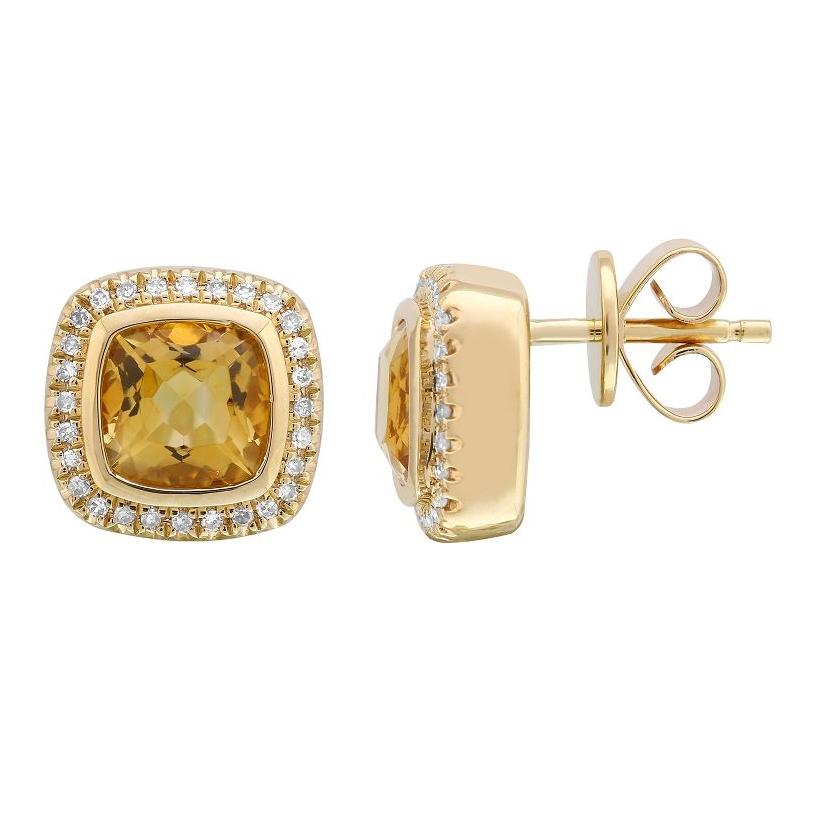 0.13 Ctw Diamond 14k Yellow Gold Citrine Round Shape Womens Gemstone Earrings