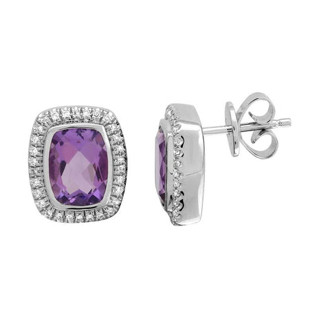 0.15 Ctw Diamond 14k White Gold Amethyst Round Shape Womens Gemstone Earrings