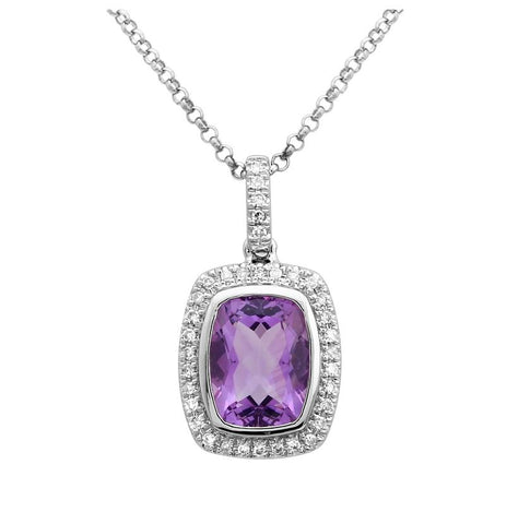 0.09 Ctw Diamond 14k White Gold Amethyst Round Shape Womens Gemstone Necklace Pendant With 16 Inch Chain