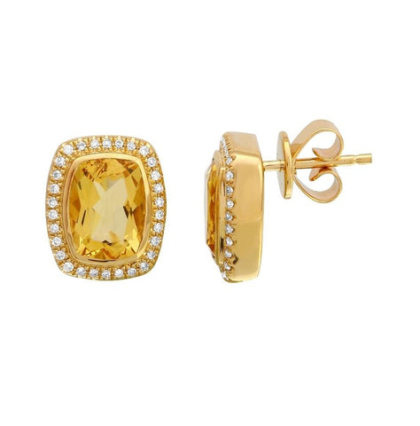 0.15 Ctw Diamond 14k Yellow Gold Citrine Round Shape Womens Gemstone Earrings