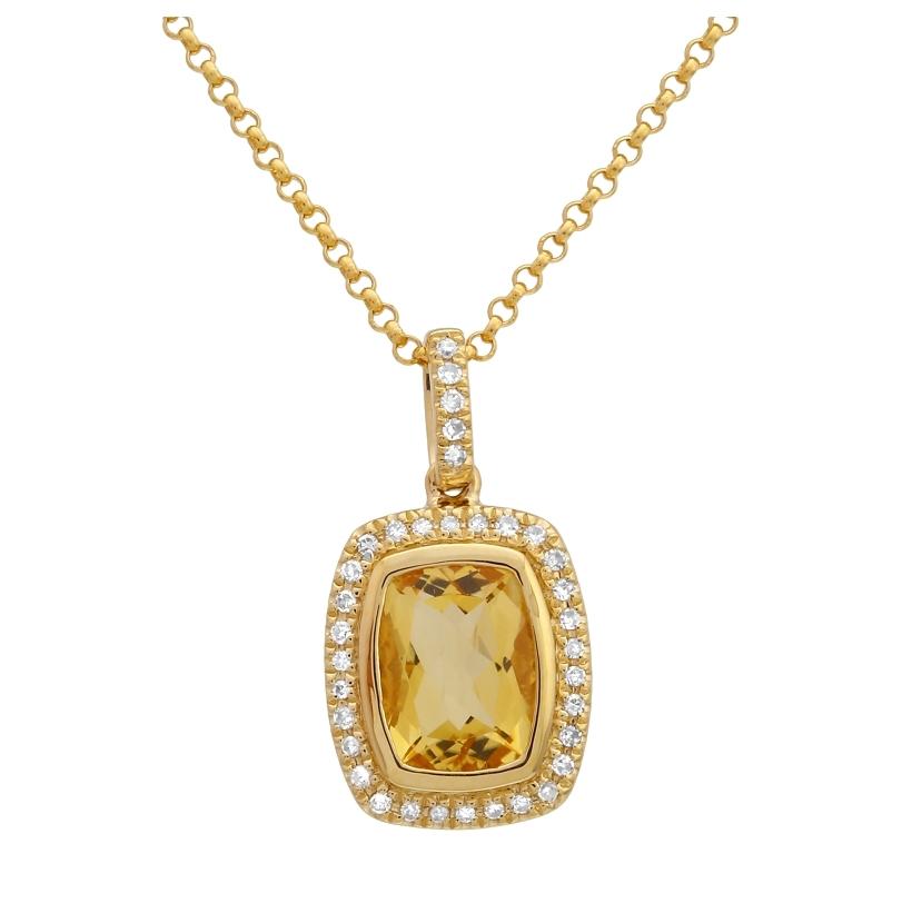 0.09 Ctw Diamond 14k Yellow Gold Citrine Round Shape Womens Gemstone Necklace Pendant With 16 Inch Chain