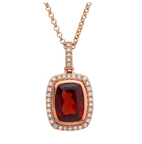 0.09 Ctw Diamond 14k Rose Gold Garnet Round Shape Womens Gemstone Necklace Pendant With 16 Inch Chain