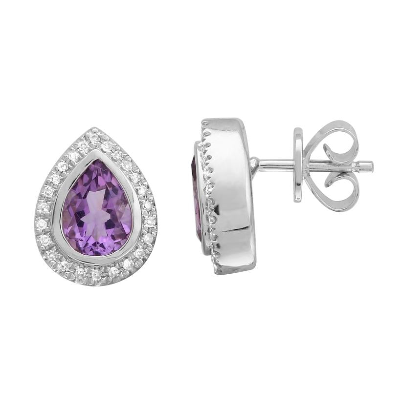 0.12 Ctw Diamond 14k White Gold Amethyst Round Shape Womens Gemstone Earrings