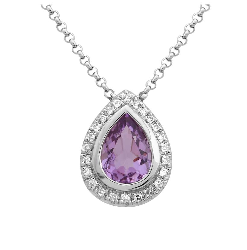 0.06 Ctw Diamond 14k White Gold Amethyst Round Shape Womens Gemstone Necklace Pendant With 16 Inch Chain