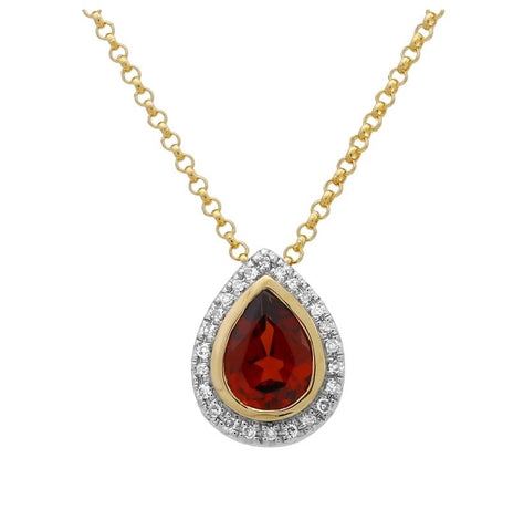 0.06 Ctw Diamond 14k Yellow Gold Garnet Round Shape Womens Gemstone Necklace Pendant With 16 Inch Chain