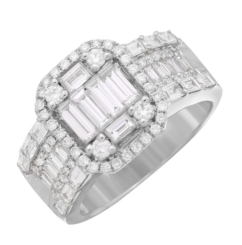 1.65 Ctw Diamond 18k White Gold Round Baguette Shape Womens Diamond Ring