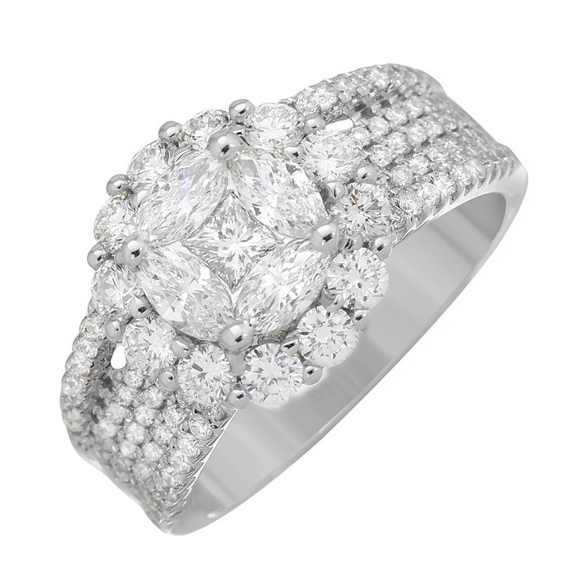 1.85 Ctw Diamond 18k White Gold Round Princess Marquis Shape Womens Diamond Ring