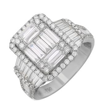 2.05 Ctw Diamond 18k White Gold Round Tap Baguette Shape Womens Diamond Ring