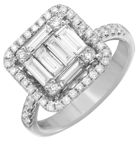 1.08 Ctw Diamond 18k White Gold Round Baguette Shape Womens Diamond Ring