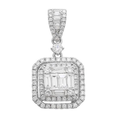 1.06 Ctw Diamond 18k White Gold Round Baguette Shape Womens Diamond Necklace Pendant