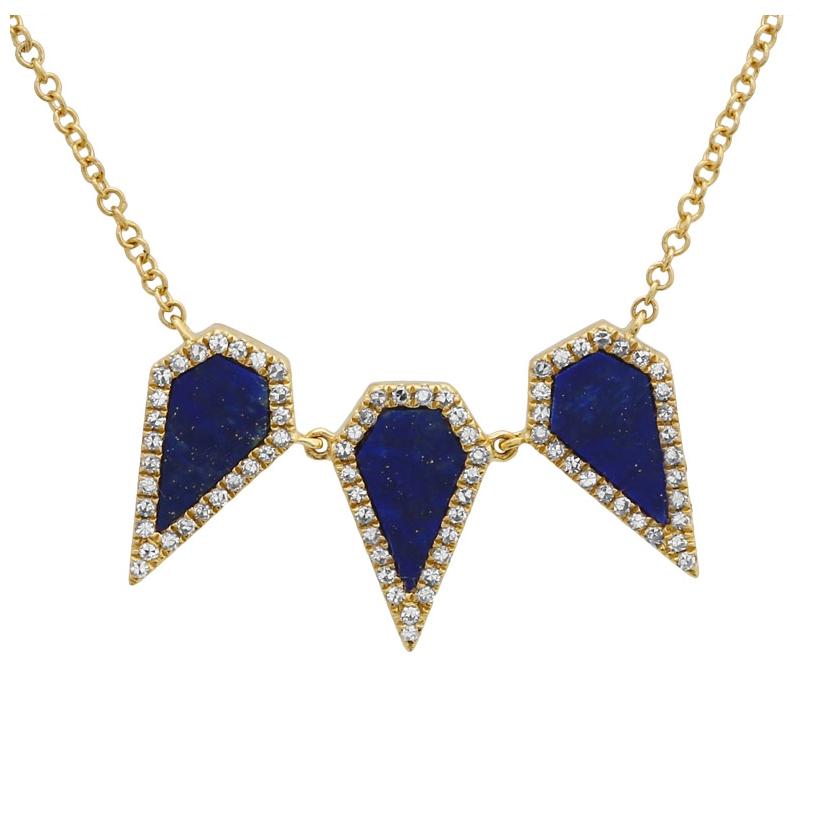 0.19 Ctw Diamond 14k Yellow Gold Lapis Round Shape Womens Gemstone Necklace