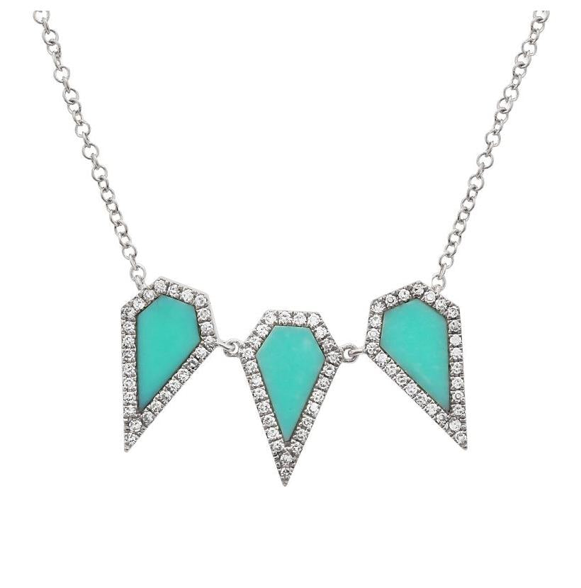 0.19 Ctw Diamond 14k White Gold Turquoise Round Shape Womens Gemstone Necklace