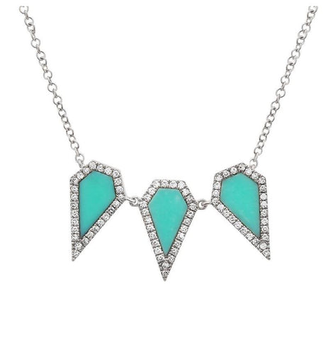 0.19 Ctw Diamond 14k White Gold Turquoise Round Shape Womens Gemstone Necklace