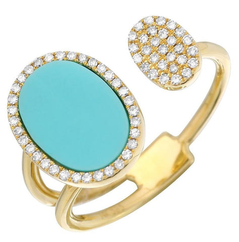 0.16 Ctw Diamond 14k Yellow Gold Turquoise Round Shape Womens Gemstone Ring