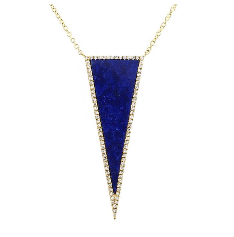 0.21 Ctw Diamond 14k Yellow Gold Lapis Round Shape Womens Gemstone Necklace