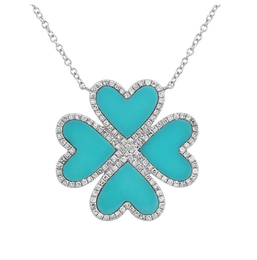 0.36 Ctw Diamond 14k White Gold Turquoise Round Shape Womens Gemstone Necklace